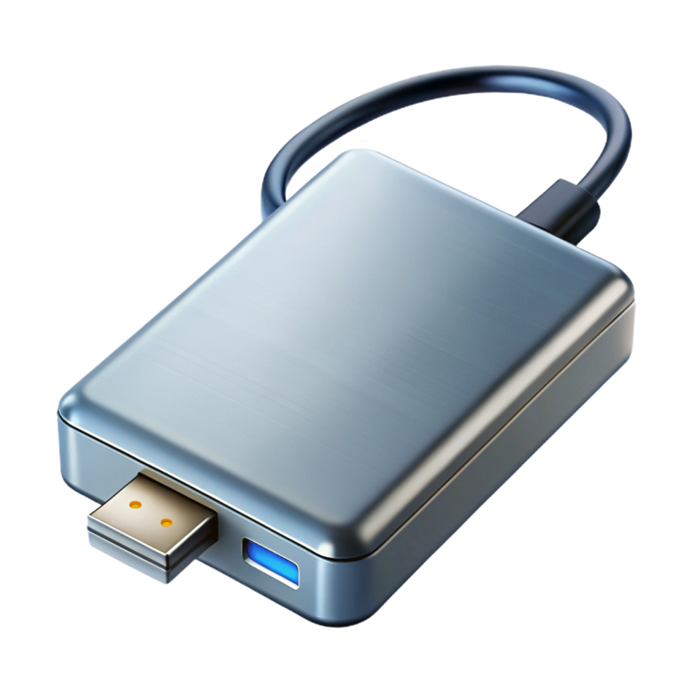 pristine abstract External hardrive, metallic silver finish, USB cable attached, indicator light glowing, soft lighting, isolateon transparent background,high-resolution product photography flawless png
