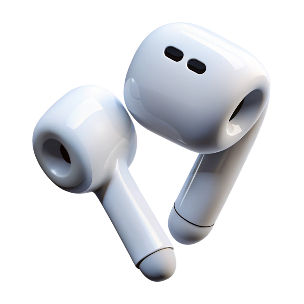 dreamy fascinating Single AirPod, glossy white finish, microphone anspeaker grille visible, soft lighting, isolateon transparent background,high-resolution product photography crisp png