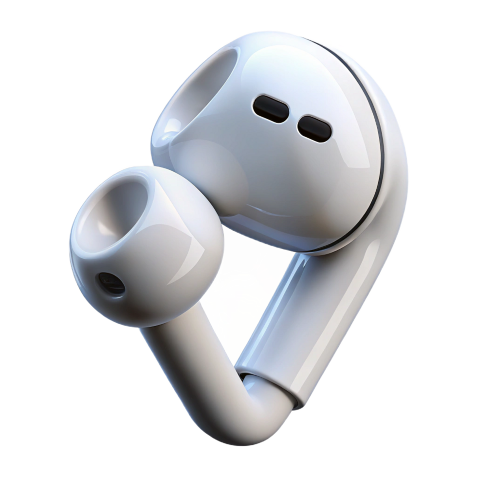 elegant modern Single AirPod, glossy white finish, microphone anspeaker grille visible, soft lighting, isolateon transparent background,high-resolution product photography ultra HD png