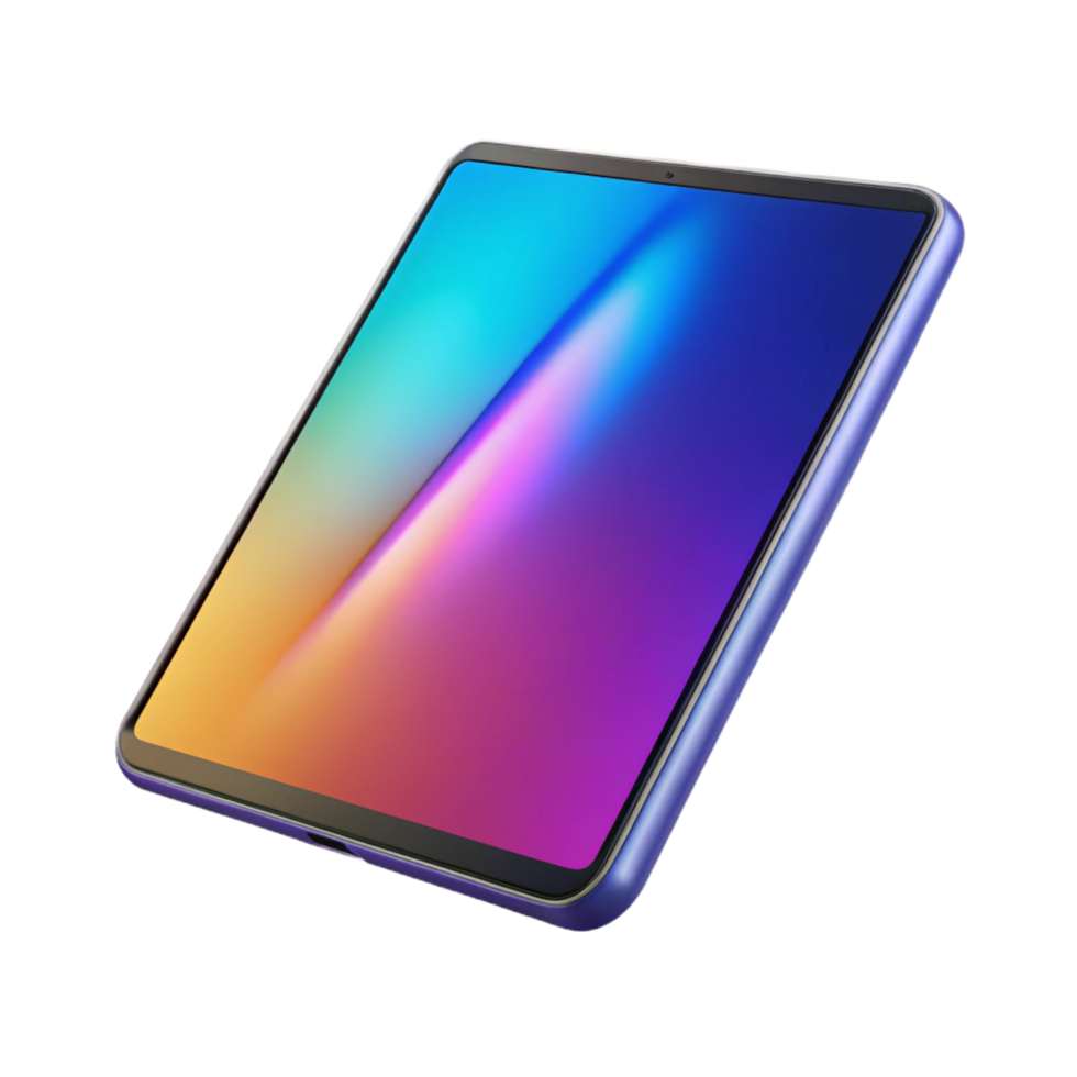 magnificent coveteModern tablet computer displaying a vibrant image, thin bezel, metallic back, studio lighting, isolateon transparent background,high-resolution product photography png