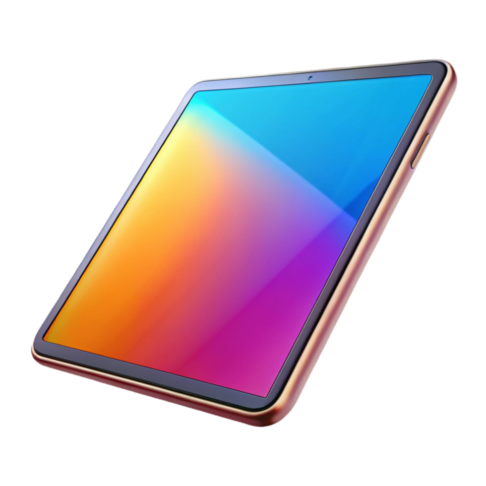 exemplary elegant Modern tablet computer displaying a vibrant image, thin bezel, metallic back, studio lighting, isolateon transparent background,high-resolution product photography high quality png