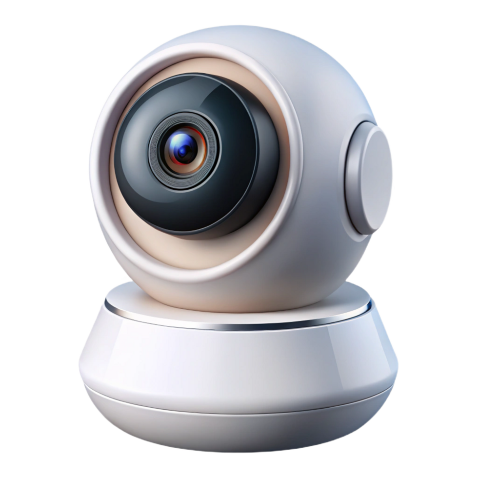 sumptuous iconic Smart home security camera, white plastic body, rotating lens, status indicator light, studio lighting, front view, with transparent background,high-resolution product photography png