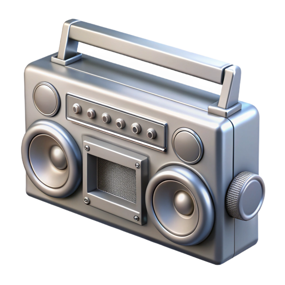 elegant rare Retro boombox with cassette deck anradio tuner, silver metallic finish, antenna extended, soft lighting, front view, isolateon transparent background,high-resolution product photography png
