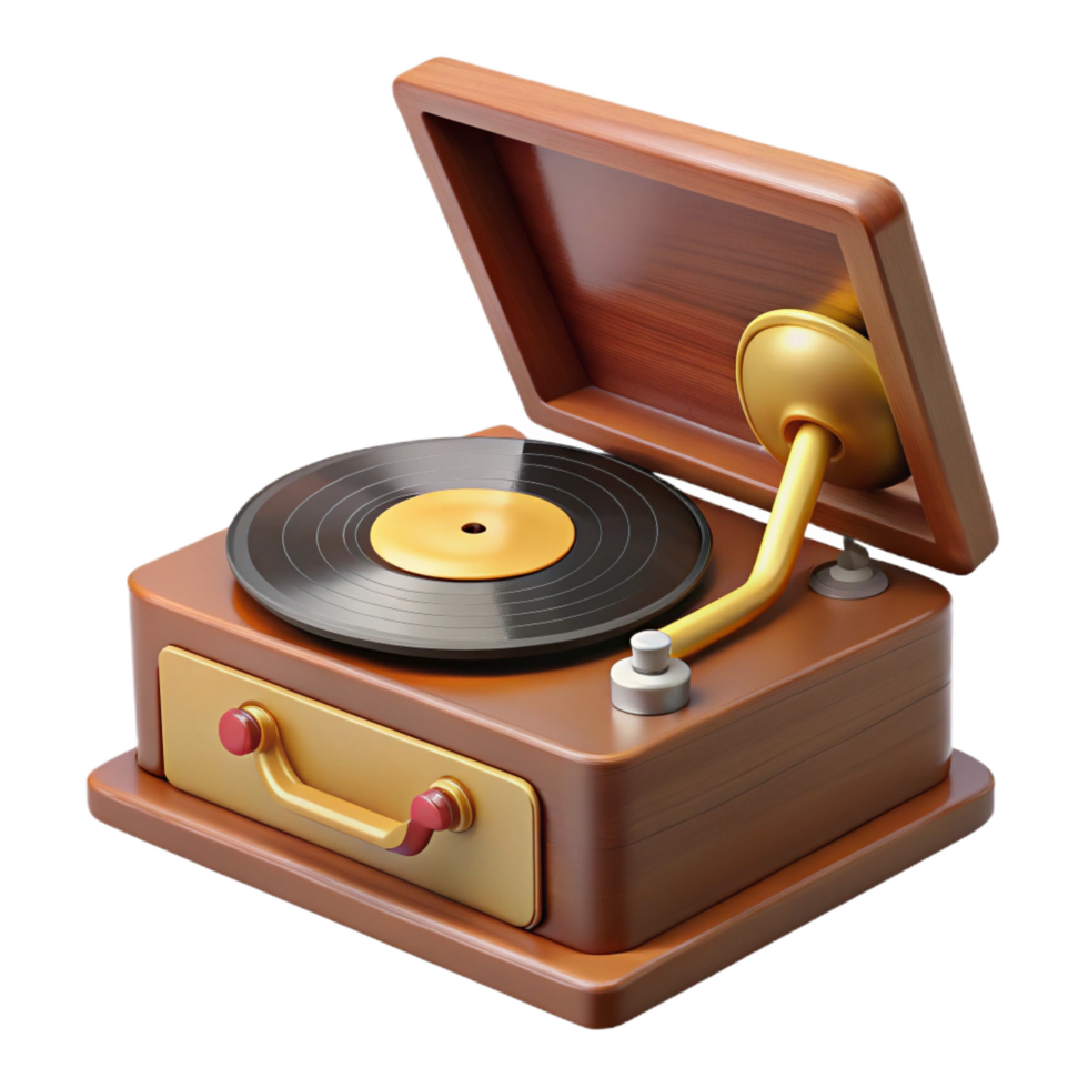glorious geometric Vintage recorplayer with dust cover open, wooden base, turntable spinning, soft lighting, with transparent background,high-resolution product photography premium png