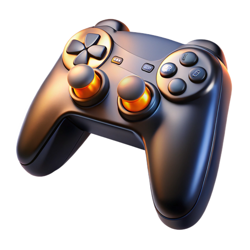 vibrant celebrateWireless gaming controller, black matte finish, texturegrips, illuminatebuttons, dramatic lighting, top-down view, isolateon transparent background,high-resolution product photography png