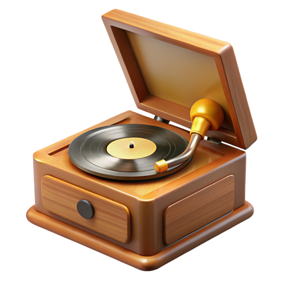 pristine abstract Vintage recorplayer with dust cover open, wooden base, turntable spinning, soft lighting, with transparent background,high-resolution product photography professional png
