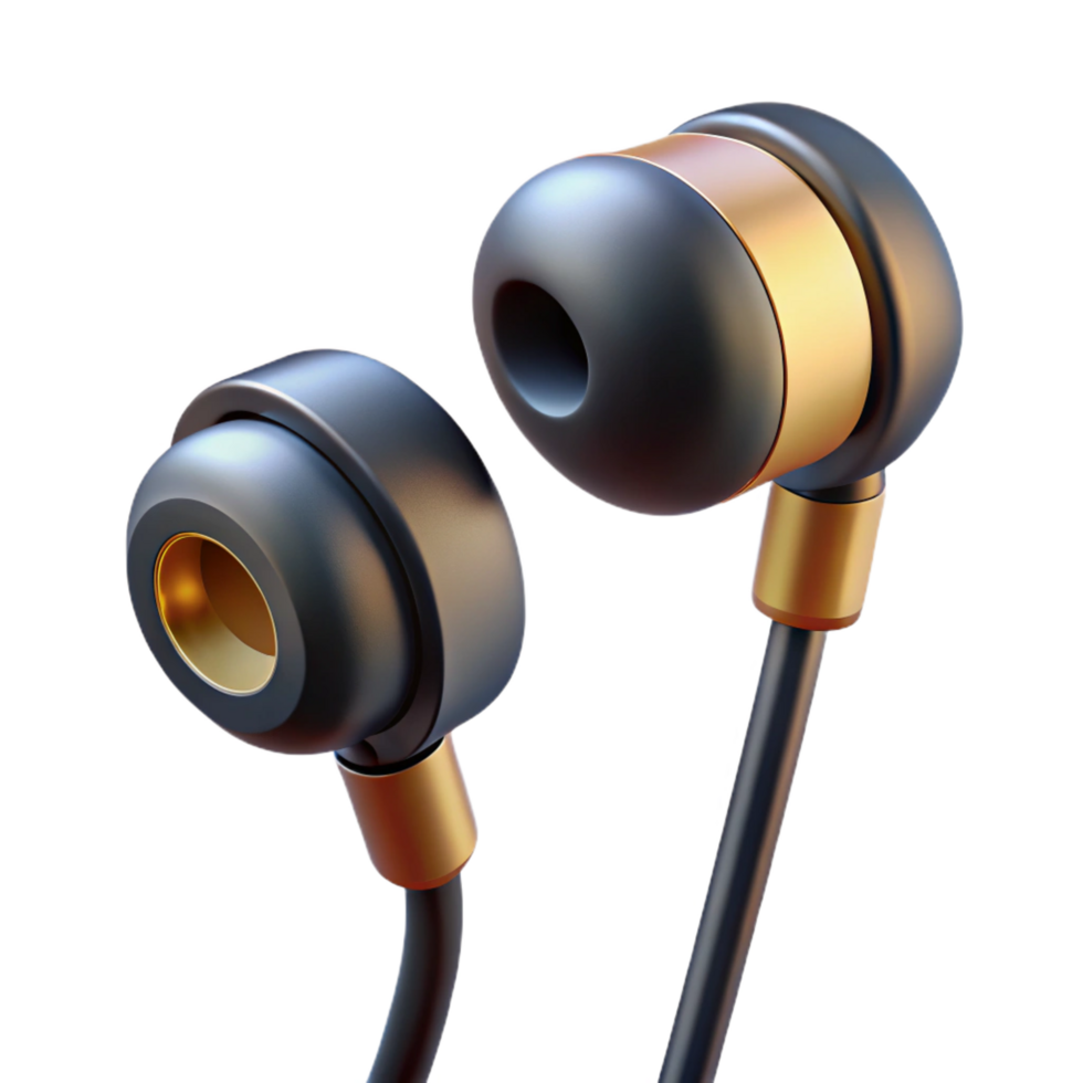 enchanting baroque Single wireearphone, black plastic housing, metallic accents, in-ear design, studio lighting, with transparent background,high-resolution product photography artisan png