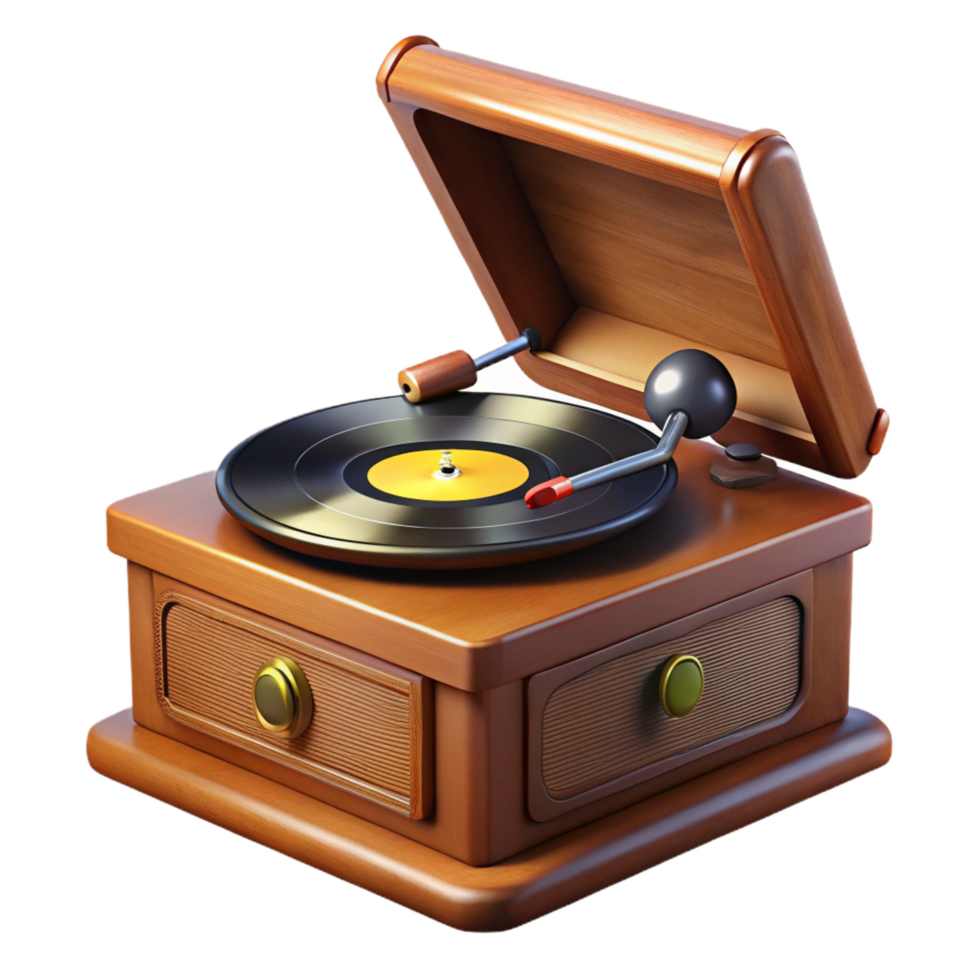 magnificent playful mid-century Vintage recorplayer with dust cover open, wooden base, turntable spinning, soft lighting, with transparent background,high-resolution product photography exclusive png