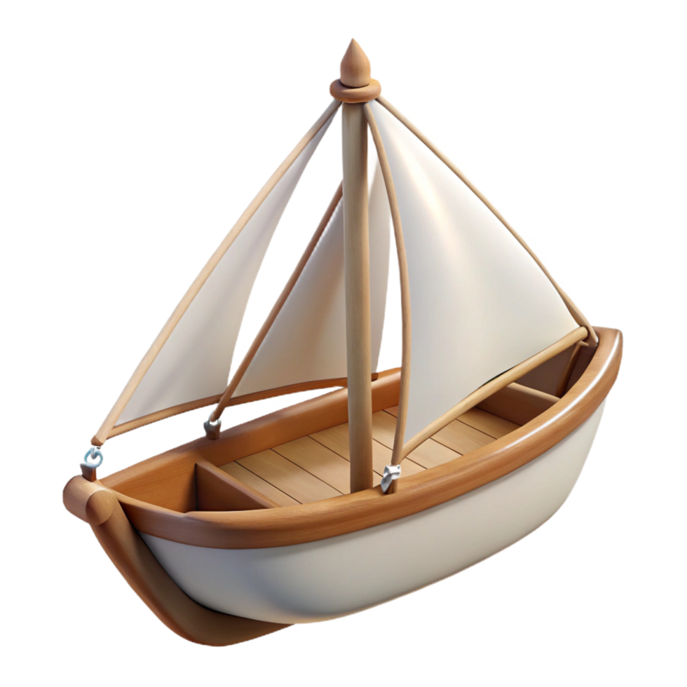 serene acclaimeSmall sailboat with white sails, wooden hull, rope rigging, soft lighting, detaileillustration, isolateon transparent background,high-resolution product photography png