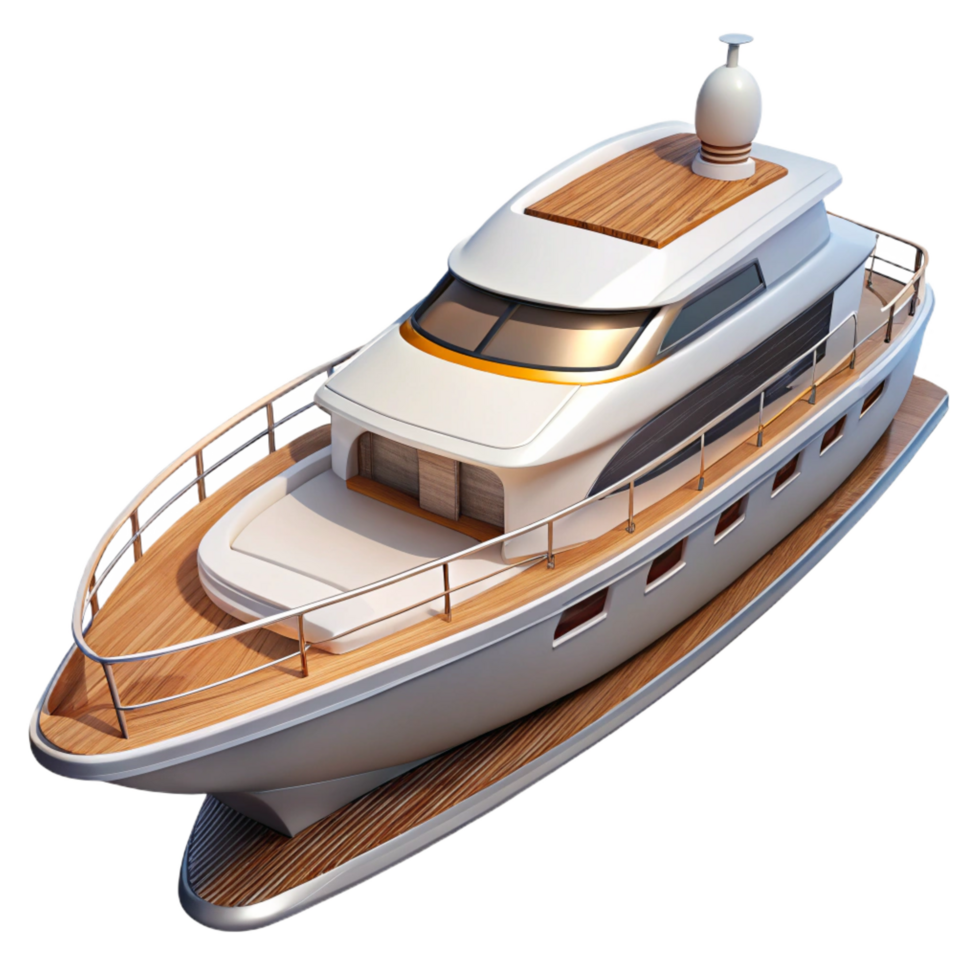 sought-after geometric Luxury yacht, white hull, wooden deck, chrome railings, studio lighting, side view, detaileillustration, isolateon transparent background,high-resolution product photography 8K png