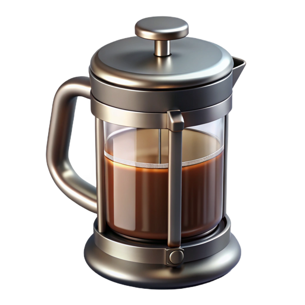 striking unforgettable French press coffee maker, full of coffee, studio lighting, metallic finish, photorealistic, isolateon transparent background,high-resolution product photography png