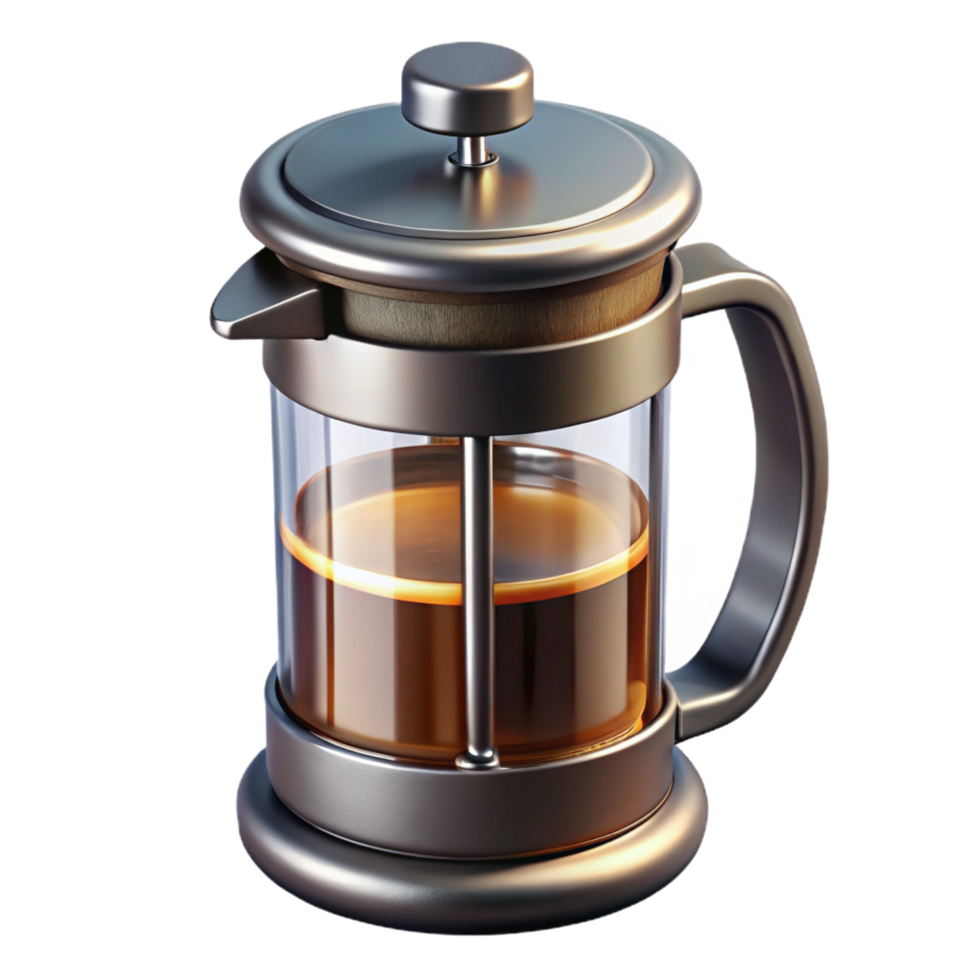 mysterious gorgeous French press coffee maker, full of coffee, studio lighting, metallic finish, photorealistic, isolateon transparent background,high-resolution product photography artisan png