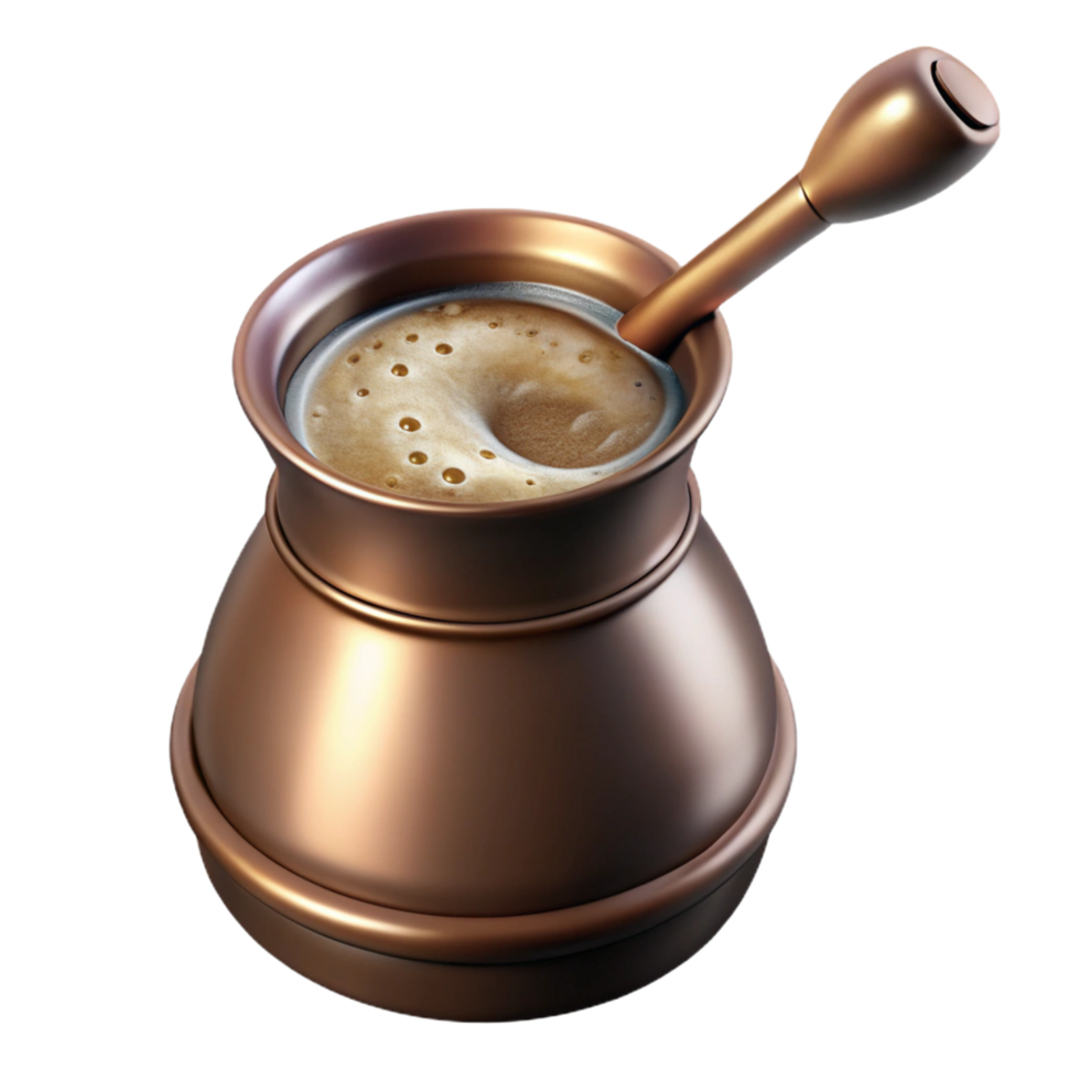 pristine tranquil minimalist Turkish coffee pot cezve with frothy coffee, studio lighting, metallic finish, photorealistic, isolateon transparent background,high-resolution product photography 4K png