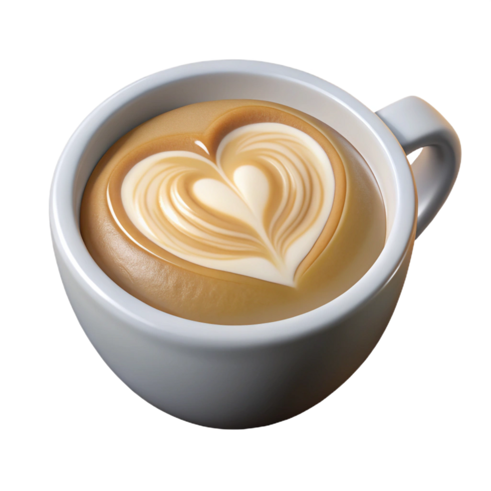 immaculate inspireLatte art heart design in a cappuccino, soft lighting, top-down view, matte finish, photorealistic, isolateon transparent background,high-resolution product photography png