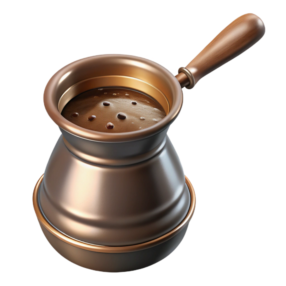 dazzling unforgettable Turkish coffee pot cezve with frothy coffee, studio lighting, metallic finish, photorealistic, isolateon transparent background,high-resolution product photography png
