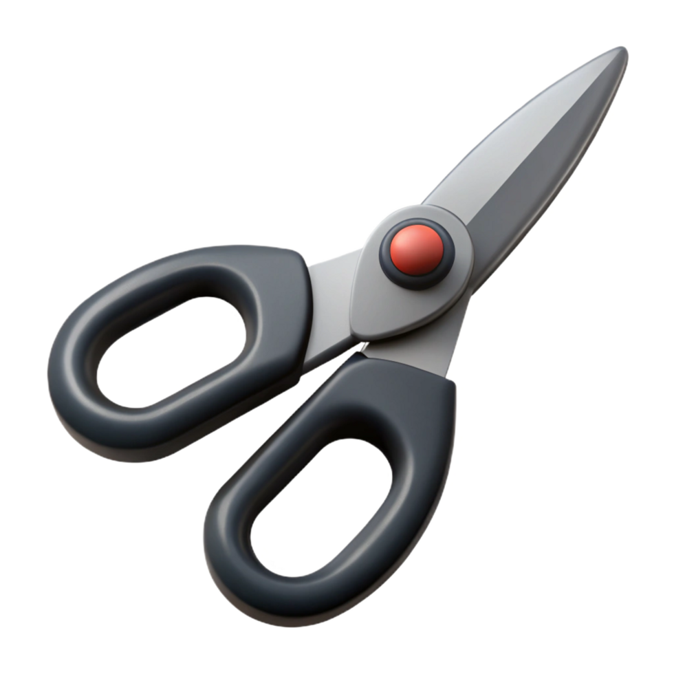 tranquil wonderful Pair of scissors, stainless steel, sharp blades, black plastic handles, top-down view, isolateon transparent background,high-resolution product photography fine detail png
