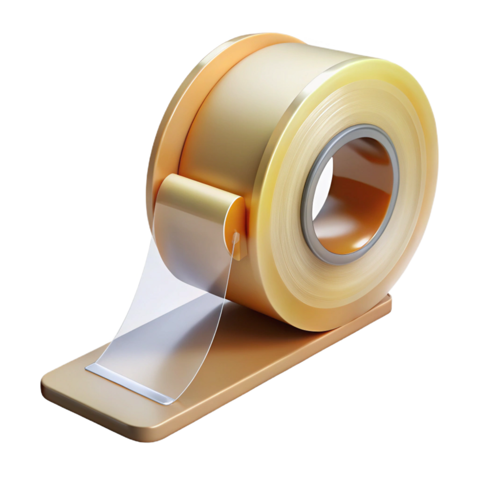 calm captivating Roll of clear packing tape, plastic dispenser, serrateedge, soft lighting, front view, isolateon transparent background,high-resolution product photography impeccable png