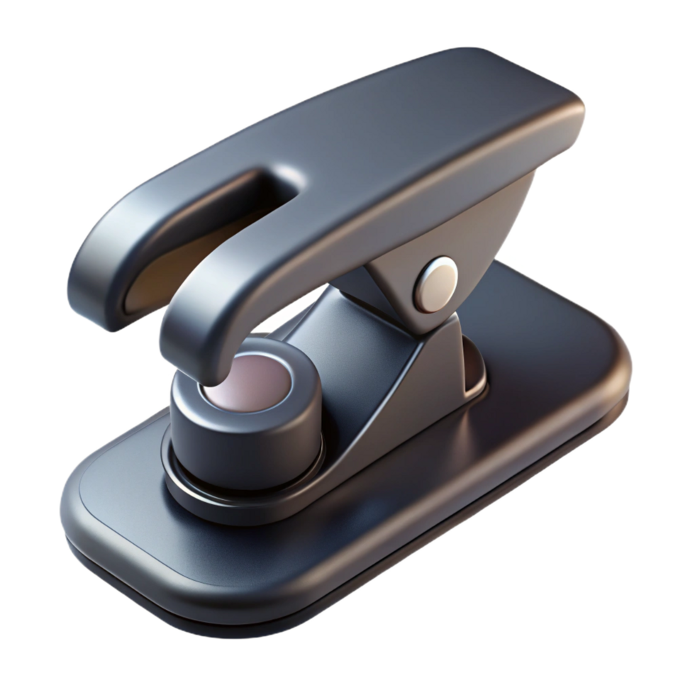 pristine unparalleleSingle hole punch, metal construction, black handle, soft lighting, top-down view, isolateon transparent background,high-resolution product photography png