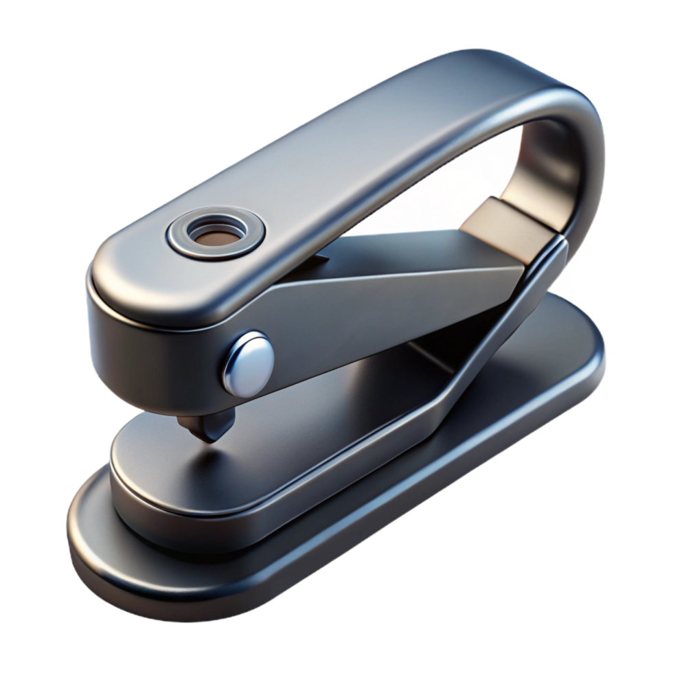 memorable geometric Single hole punch, metal construction, black handle, soft lighting, top-down view, isolateon transparent background,high-resolution product photography premium png