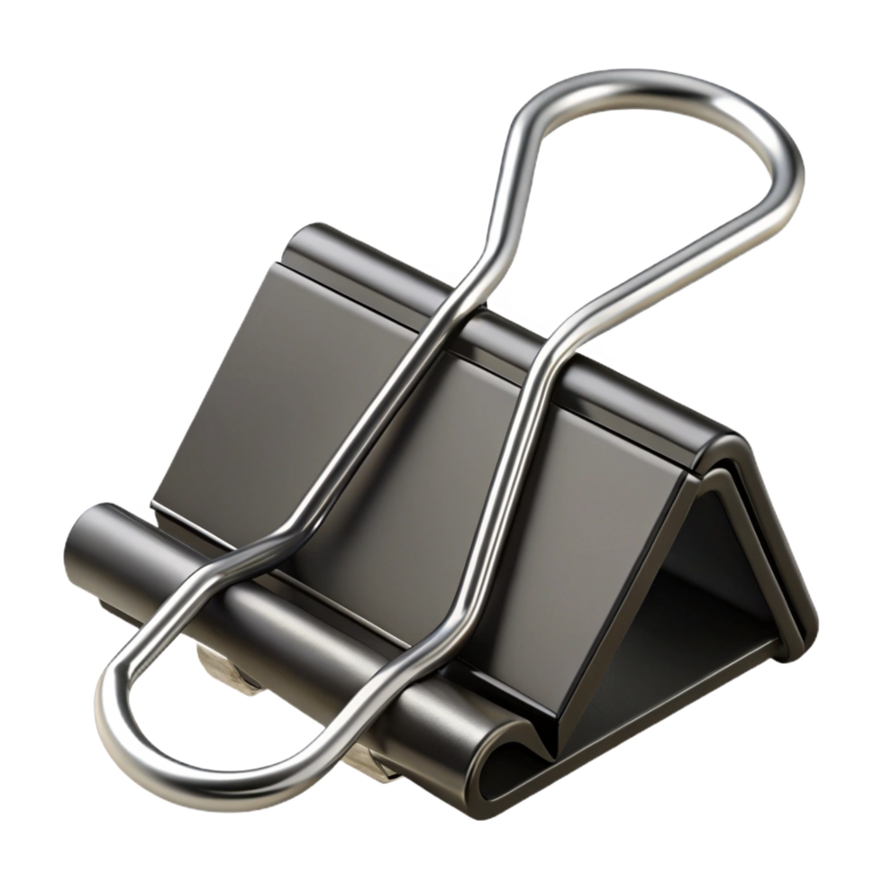 energetic mesmerizing Binder clip, large size, black metal, spring mechanism visible, side view, studio lighting, isolateon transparent background,high-resolution product photography refined png