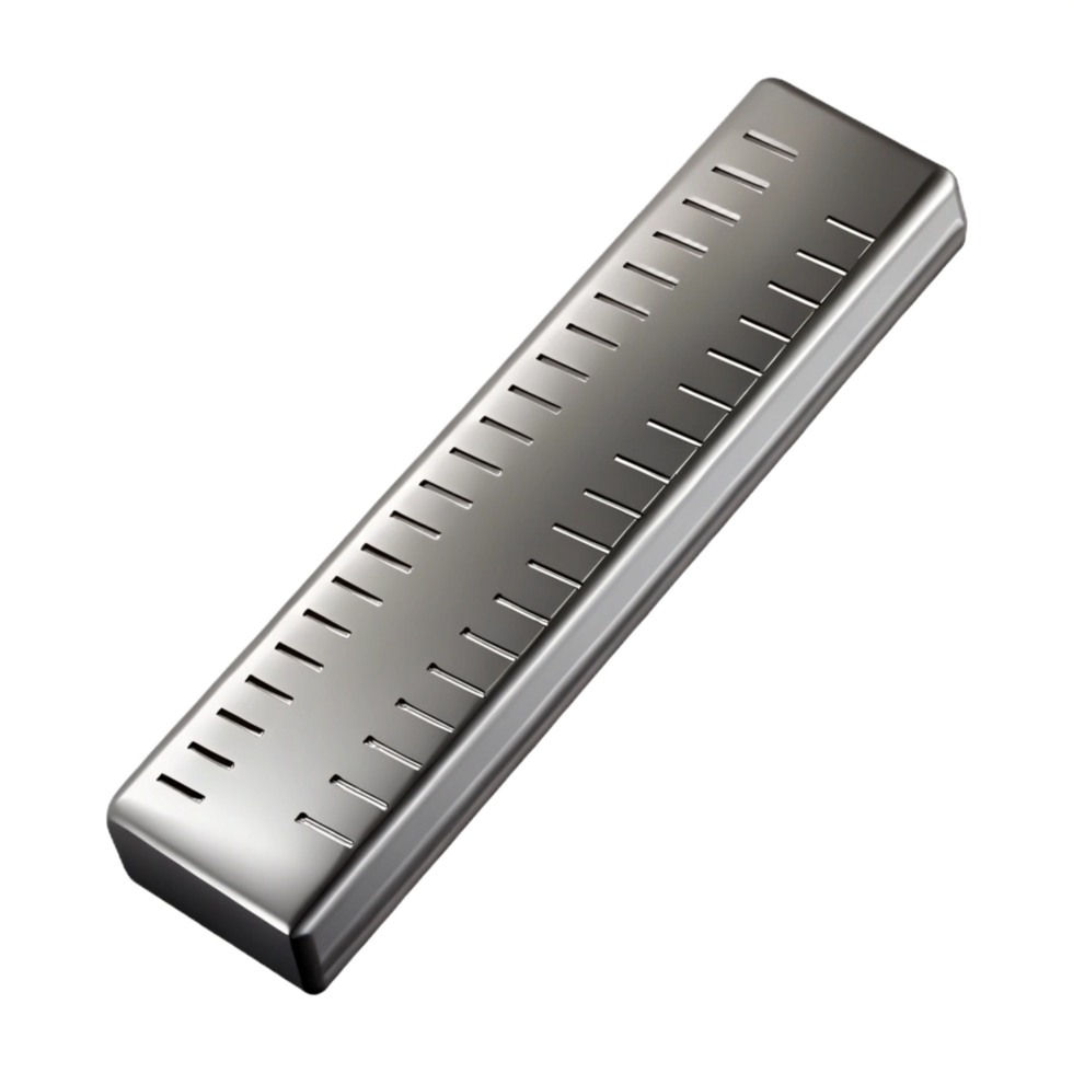 hypnotic coveteRuler, stainless steel, metric animperial markings, etchedetail, side view, studio lighting, isolateon transparent background,high-resolution product photography png