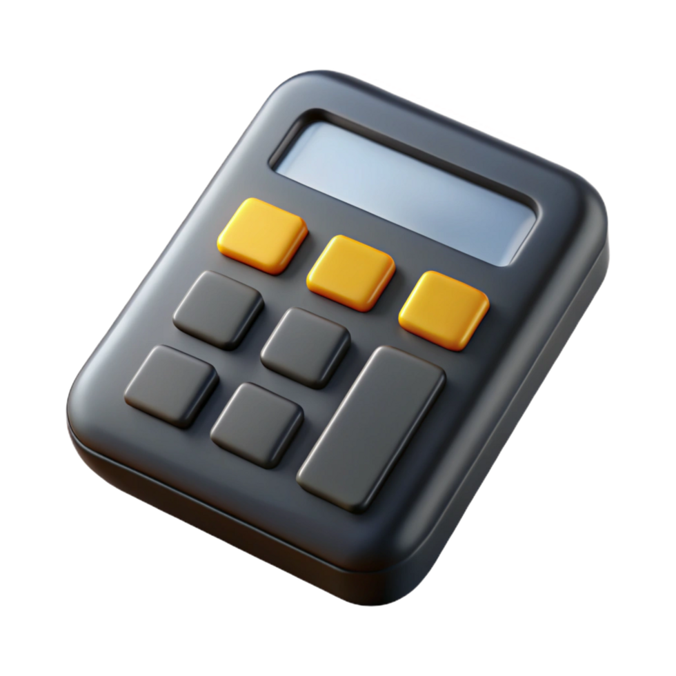 exquisite mid-century Calculator, black plastic, LCdisplay, solar powered, top-down view, soft lighting, isolateon transparent background,high-resolution product photography sharp png