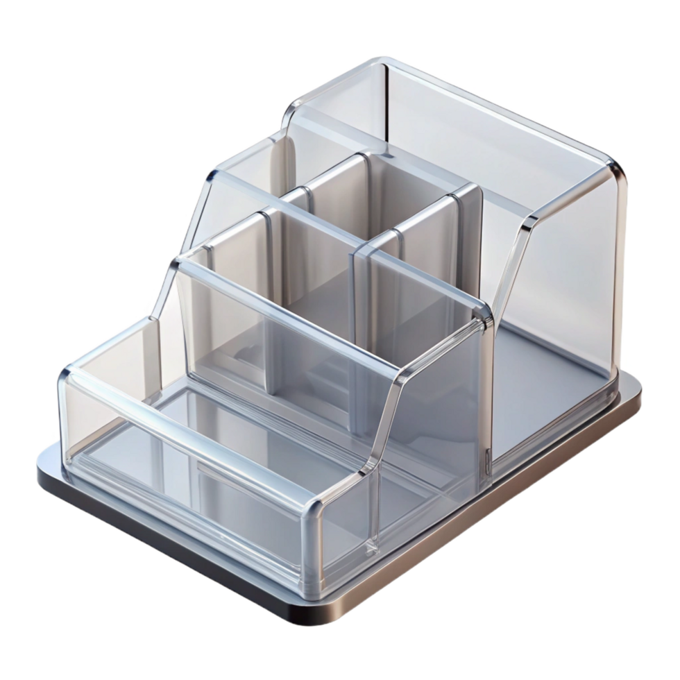 timeless creative Desk organizer, clear acrylic, multiple compartments, front view, studio lighting, isolateon transparent background,high-resolution product photography gallery standard png