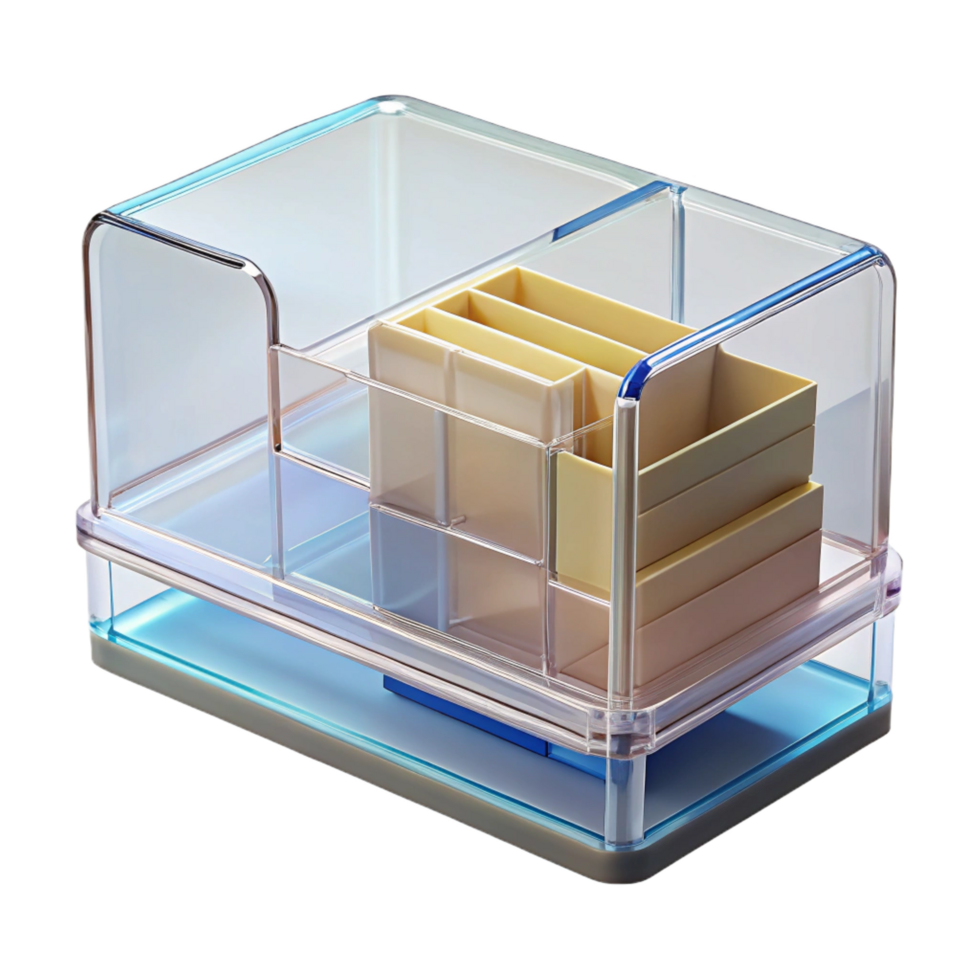spectacular geometric Desk organizer, clear acrylic, multiple compartments, front view, studio lighting, isolateon transparent background,high-resolution product photography handcrafted png