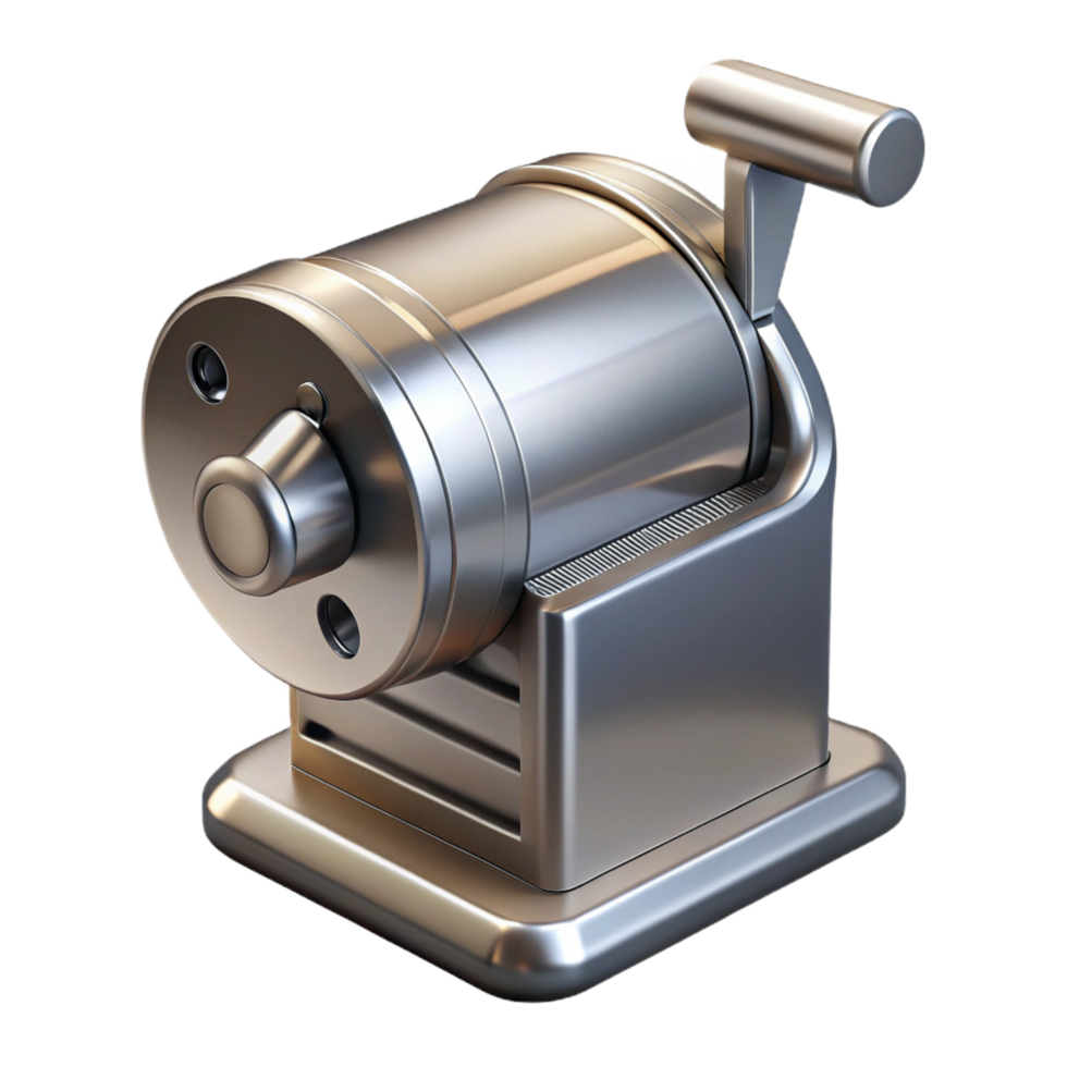 magnificent covetePencil sharpener, metallic silver, hancrank, front view, dramatic lighting, isolateon transparent background,high-resolution product photography png