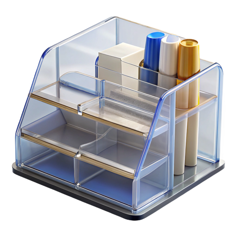rare surreal Desk organizer, clear acrylic, multiple compartments, front view, studio lighting, isolateon transparent background,high-resolution product photography flawless png