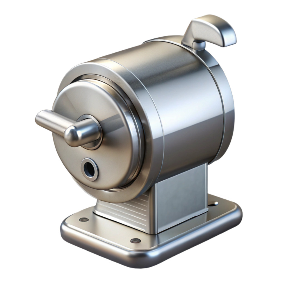 calm extraordinary Pencil sharpener, metallic silver, hancrank, front view, dramatic lighting, isolateon transparent background,high-resolution product photography original png