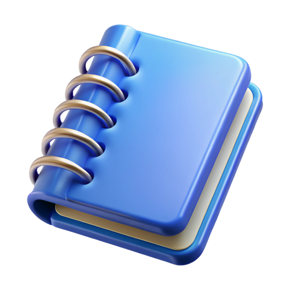 playful exquisite Notebook, spiral bound, linepaper, blue cover, front view, studio lighting, isolateon transparent background,high-resolution product photography masterfully captured png