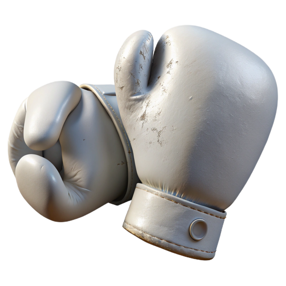 vibrant standout Worn-out pair of white boxing gloves with frayeedges anscuff marks, matte finish, dramatic lighting, side view, isolateon transparent background,high-resolution product photography png