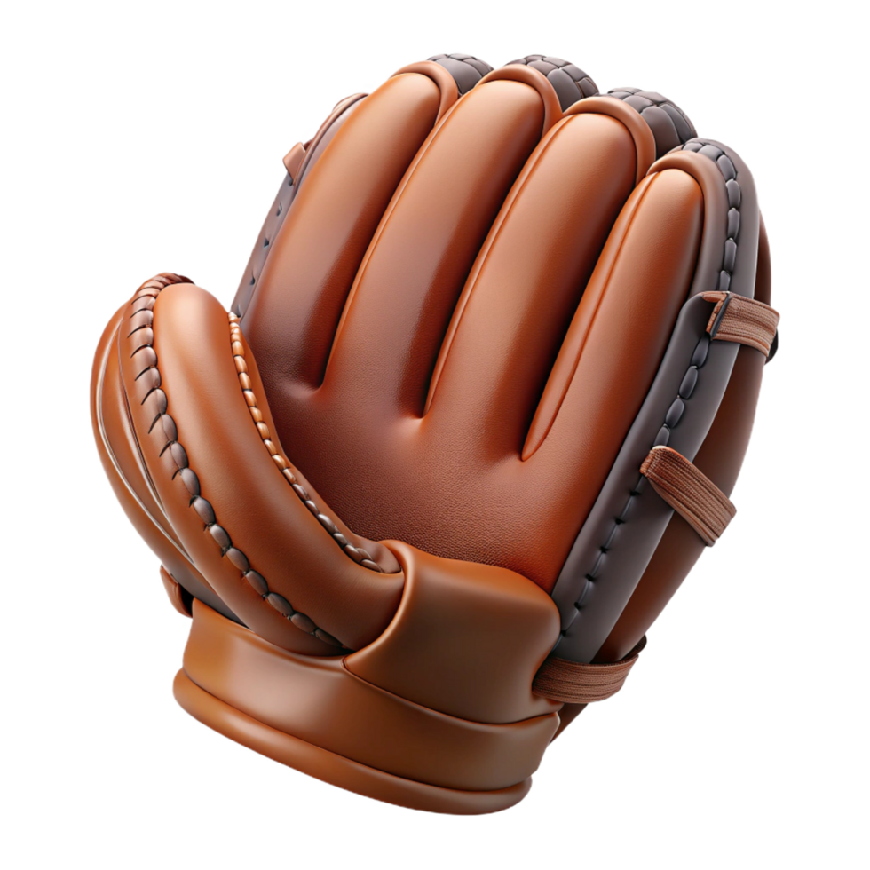 hypnotic retro Brannew leather baseball glove, intricate stitching, deep brown color, matte finish, soft lighting, isolateon transparent background,high-resolution product photography refined png
