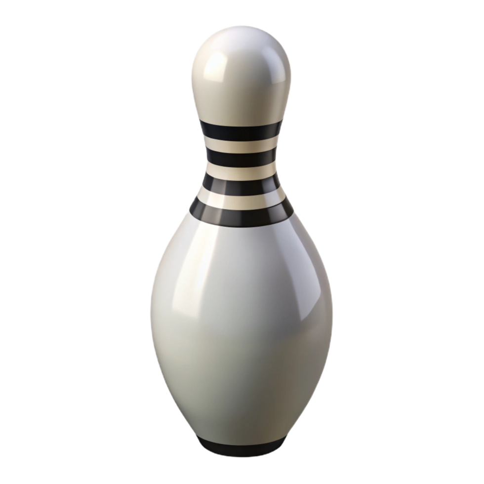 energetic wonderful Single white bowling pin with three black stripes, glossy finish, studio lighting, front view, isolateon transparent background,high-resolution product photography expertly shot png
