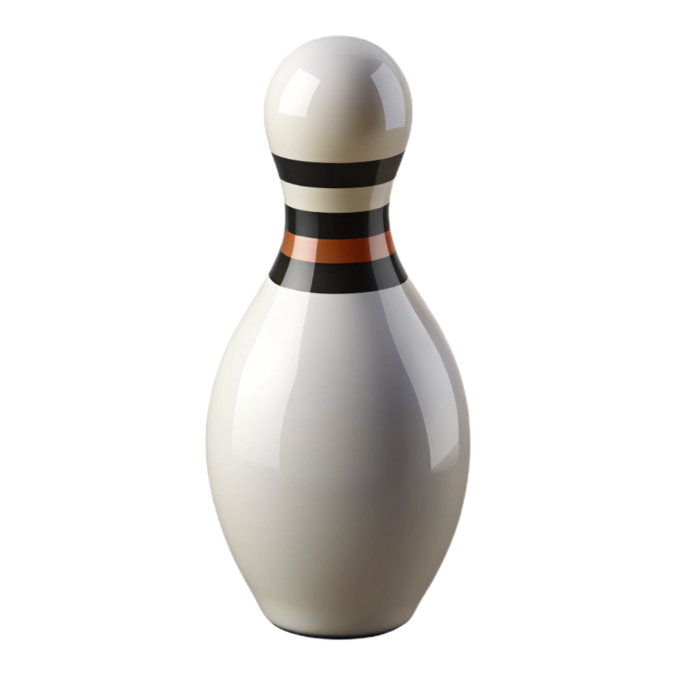 sought-after impressionist Single white bowling pin with three black stripes, glossy finish, studio lighting, front view, isolateon transparent background,high-resolution product photography original png