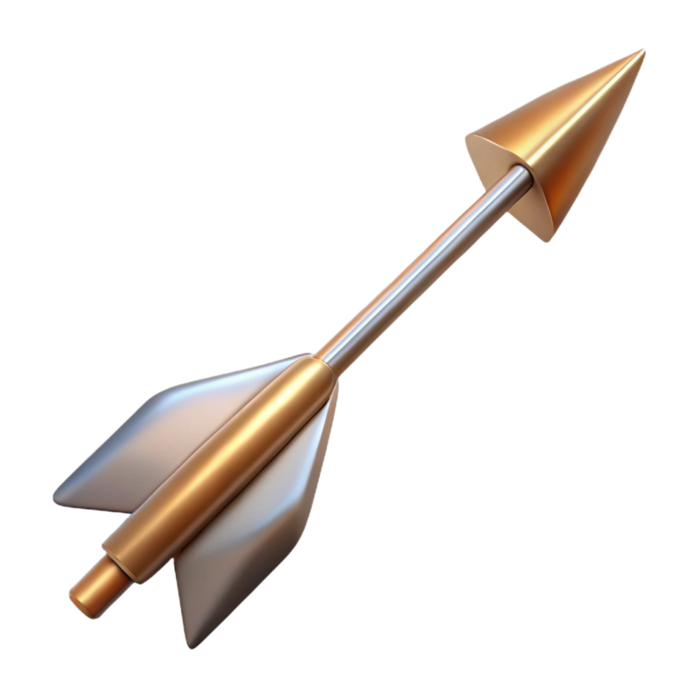 breathtaking sought-after Single archery arrow with metal tip anfletching, metallic finish, studio lighting, side view, with transparent background,high-resolution product photography png
