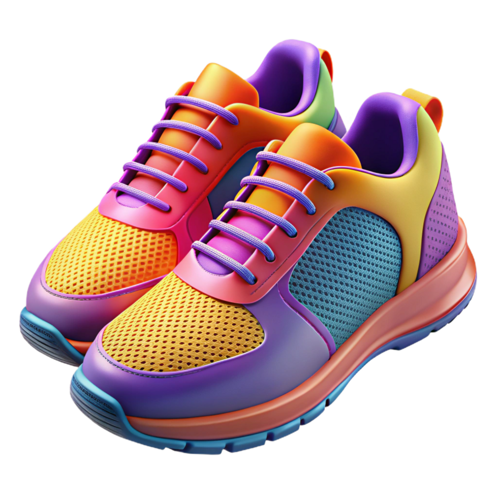 dynamic sumptuous Pair of running shoes with vibrant colors anbreathable mesh, matte finish, studio lighting, isolateon transparent background,high-resolution product photography flawless png