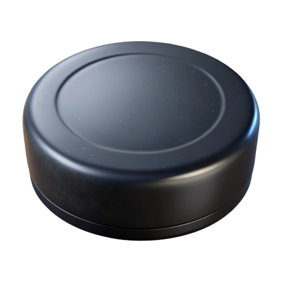 spectacular nostalgic art deco Hockey puck, black rubber, scuffeanscratched, studio lighting, front view, isolateon transparent background,high-resolution product photography museum quality png