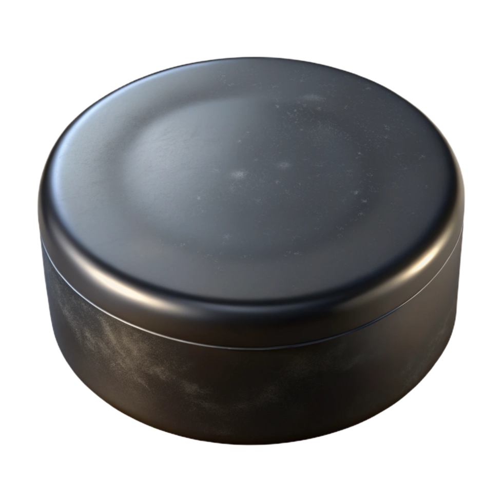 hypnotic baroque Hockey puck, black rubber, scuffeanscratched, studio lighting, front view, isolateon transparent background,high-resolution product photography authentic png