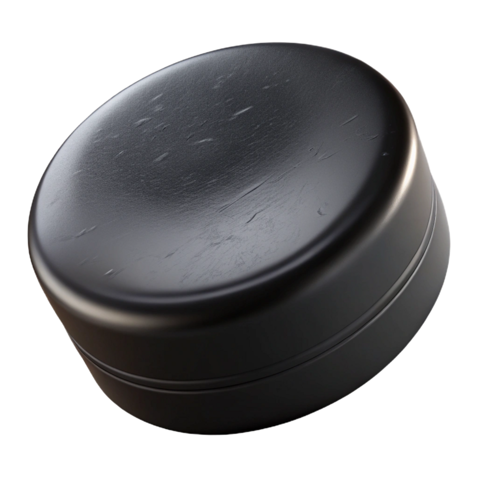 melancholic magnificent Hockey puck, black rubber, scuffeanscratched, studio lighting, front view, isolateon transparent background,high-resolution product photography masterfully captured png