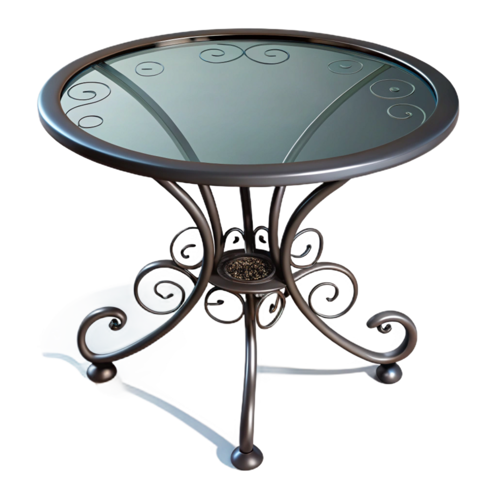 nostalgic impressive Wrought iron patio table with a glass top, intricate scrollwork, soft lighting, front view, isolateon transparent background,high-resolution product photography ultra HD png