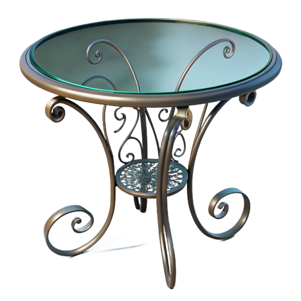 dazzling dynamic retro Wrought iron patio table with a glass top, intricate scrollwork, soft lighting, front view, isolateon transparent background,high-resolution product photography crisp png