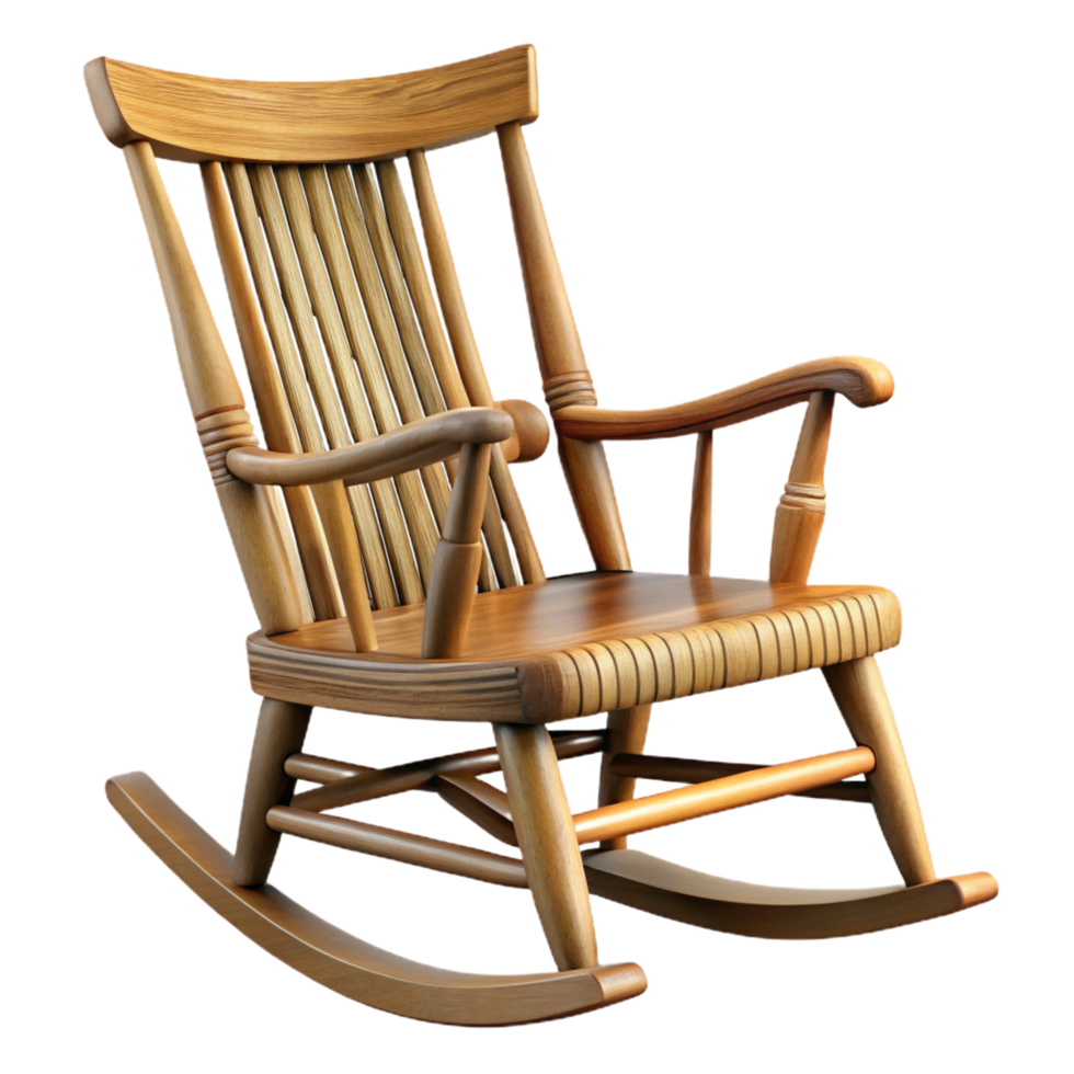 intense vibrant Classic wooden rocking chair with a high back anwoven seat, distressefinish, soft lighting, side view, isolateon transparent background,high-resolution product photography premium png