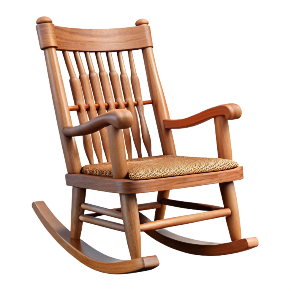 magnificent signature Classic wooden rocking chair with a high back anwoven seat, distressefinish, soft lighting, side view, isolateon transparent background,high-resolution product photography png
