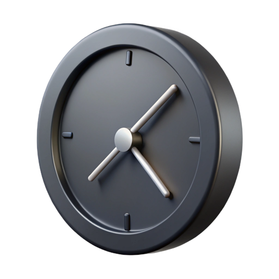 reflective wonderful Modern minimalist wall clock with sleek metal hands, matte black finish, studio lighting, side view, isolateon transparent background,high-resolution product photography detailed png