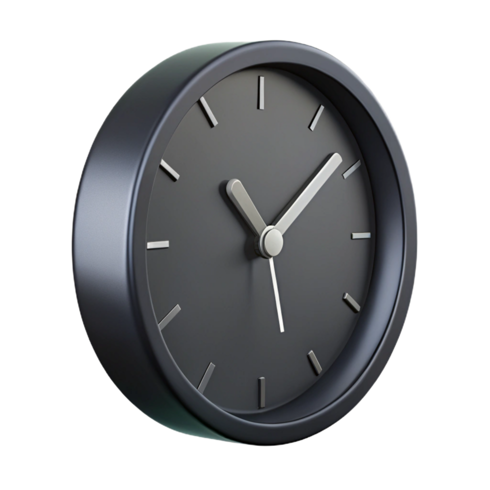 magnificent remarkable Modern minimalist wall clock with sleek metal hands, matte black finish, studio lighting, side view, isolateon transparent background,high-resolution product photography png