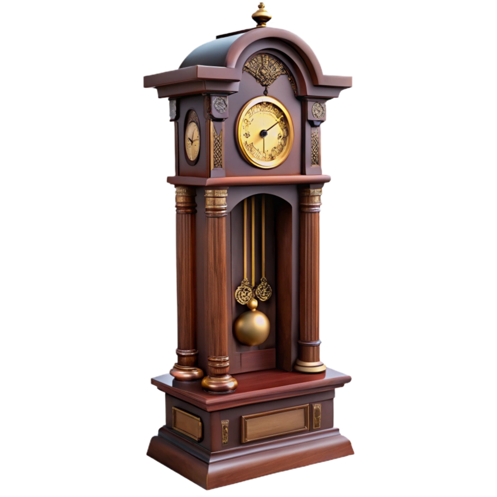 mesmerizing coveteAntique grandfather clock with intricate carvings ana pendulum, dark woofinish, dramatic lighting, front view, isolateon transparent background,high-resolution product photography png