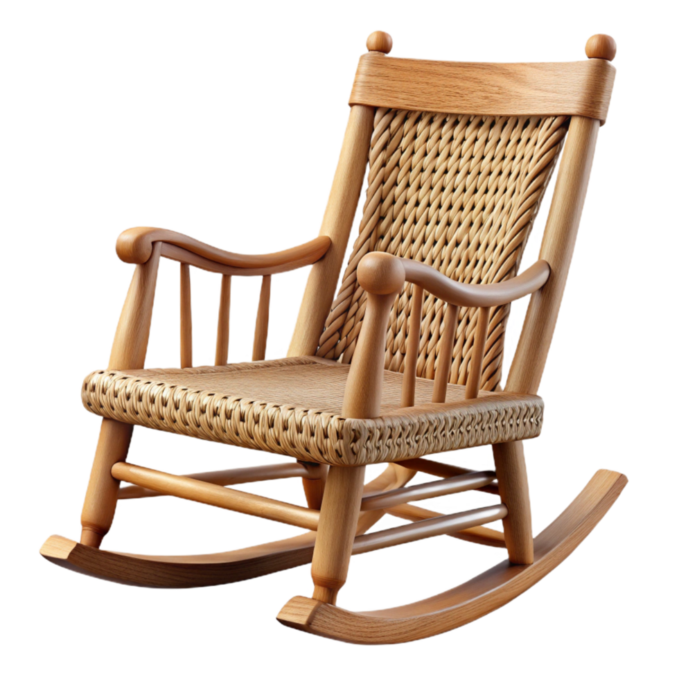 wonderful notable Classic wooden rocking chair with a high back anwoven seat, distressefinish, soft lighting, side view, isolateon transparent background,high-resolution product photography png