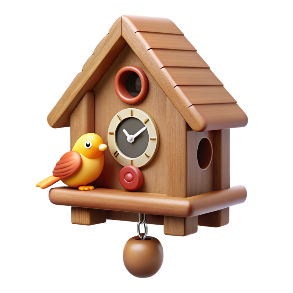 alluring energetic organic Cuckoo clock with carvedetails ana moving cuckoo bird, wooden casing, soft lighting, with transparent background,high-resolution product photography museum quality png